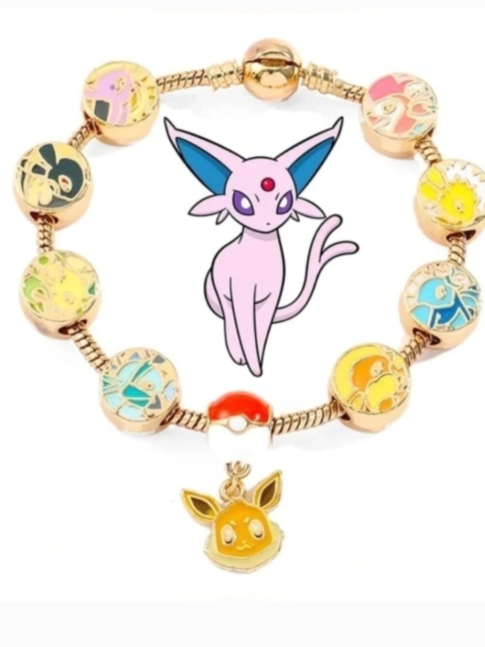 Gold Plated & Enameled Pokémon Eevee Eeveelution Themed Charm Bracelet - Picture 3 of 3